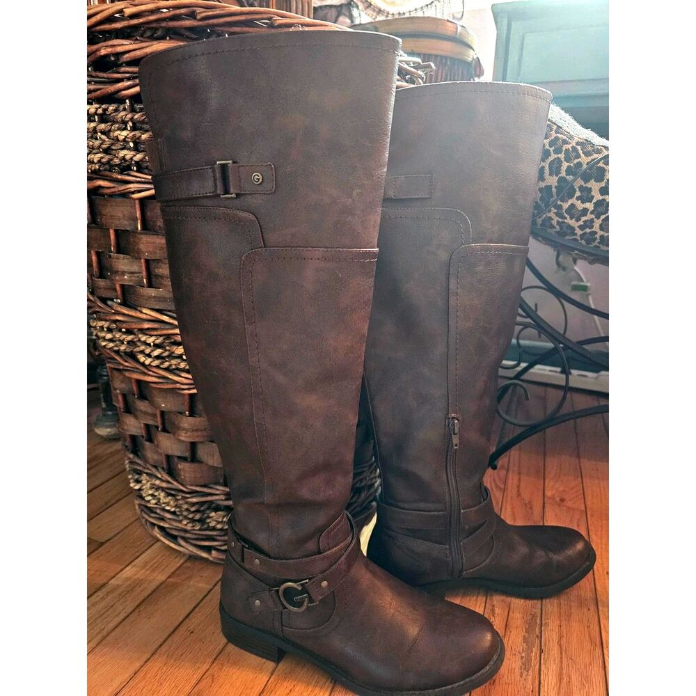 Guess Brown Knee High Riding Boots Size 10 Tall Buckle Strap Flat Boots Women